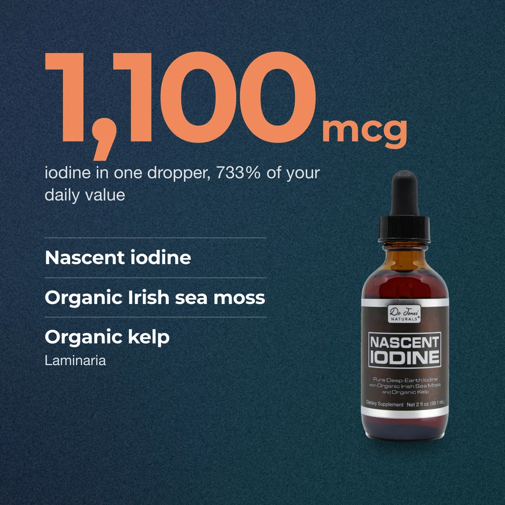 1,100 mcg of iodine in one dropper, 733% of your daily value, from nascent iodine, organic Irish sea moss and organic kelp