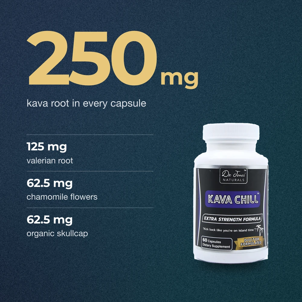 250 mg kava root in every capsule, with 125 mg valerian root, 62.5 mg chamomile flowers and 62.5 mg organic skullcap