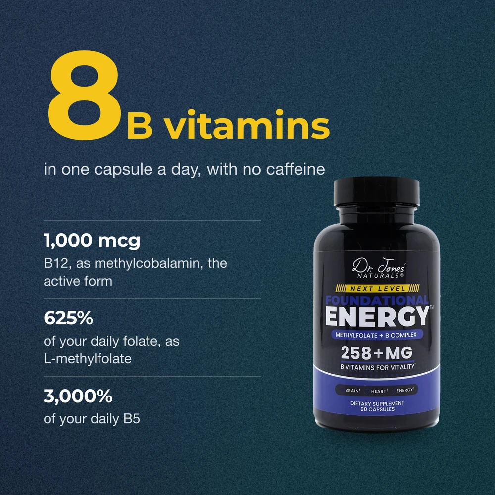 8 B vitamins in one capsule a day, with no caffeine: 1,000 mcg of B12 as methylcobalamin, 625% of your daily folate as L-methylfolate and 3,000% of your daily B5
