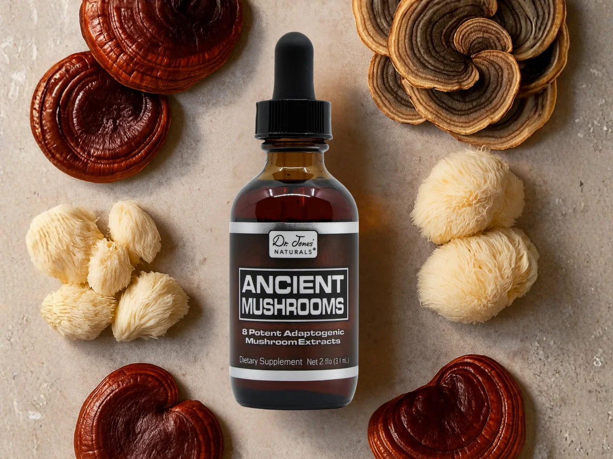 Ancient Mushrooms dropper bottle among reishi, turkey tail and lion's mane mushrooms on stone