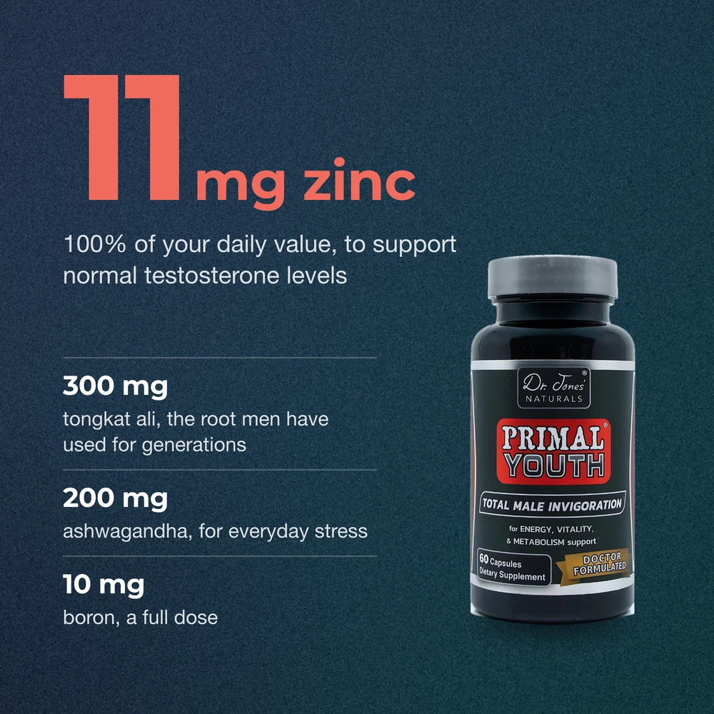 11 mg zinc, 100% of your daily value, to support normal testosterone levels; 300 mg tongkat ali; 200 mg ashwagandha for everyday stress; 10 mg boron