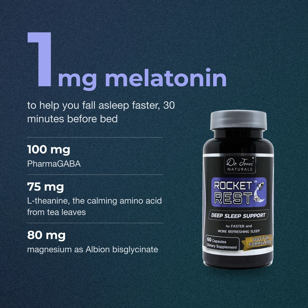 1 mg melatonin to help you fall asleep faster, 30 minutes before bed: 100 mg PharmaGABA, 75 mg L-theanine, 80 mg magnesium as Albion bisglycinate