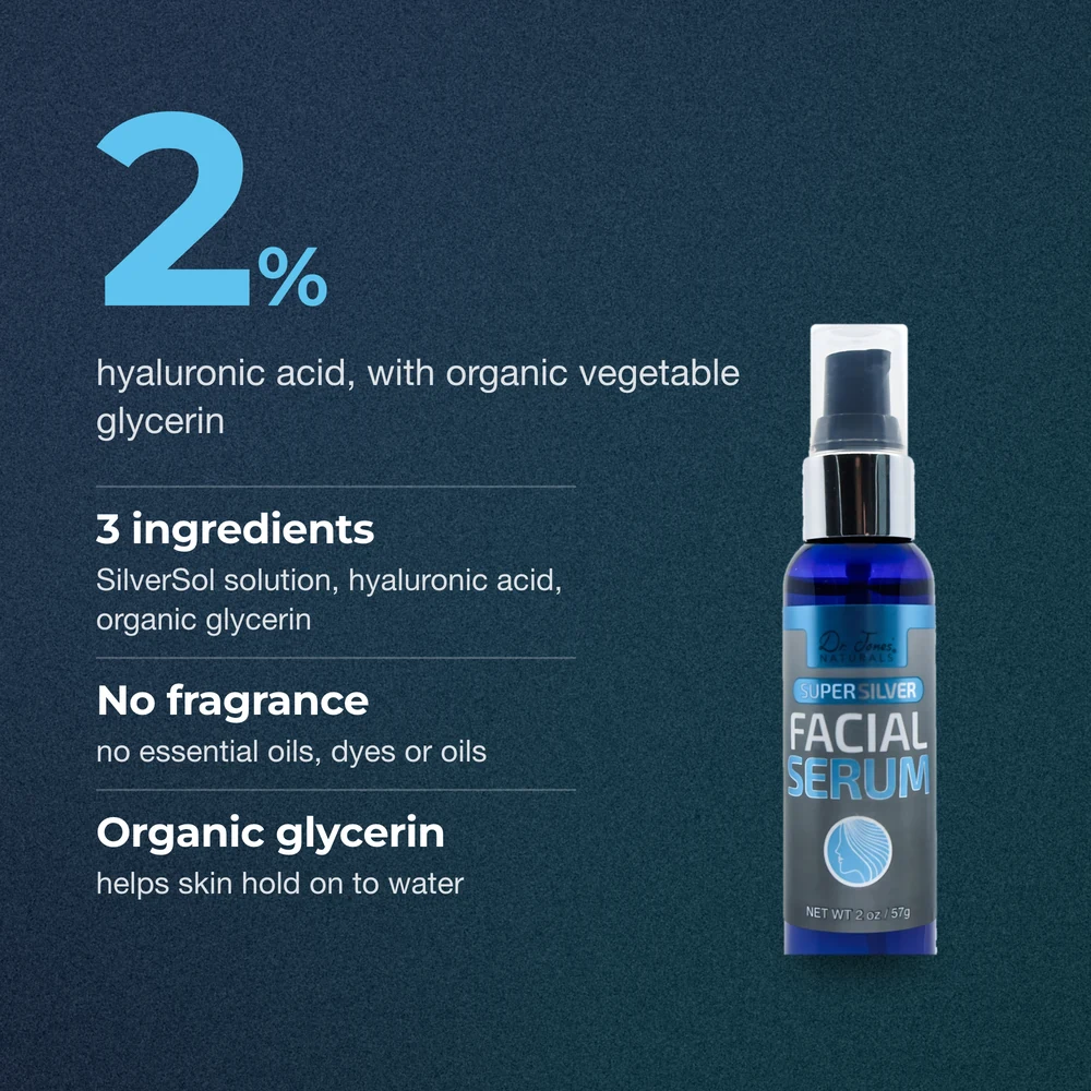 2% hyaluronic acid, with organic vegetable glycerin: three ingredients, no fragrance, essential oils, dyes or oils; organic glycerin helps skin hold on to water