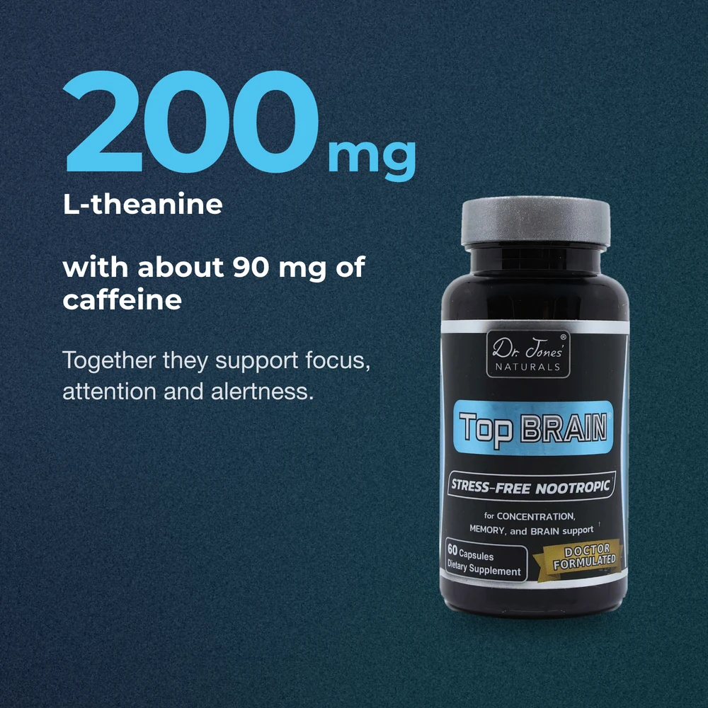 200 mg L-theanine with about 90 mg caffeine. Together they support focus, attention and alertness