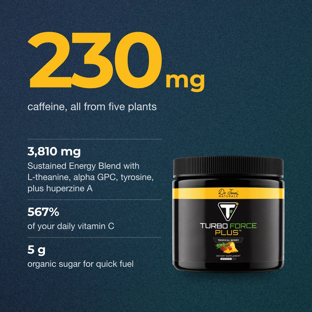 Per scoop: about 230 mg of caffeine, all from five plants; a 3,810 mg Sustained Energy Blend with L-theanine, alpha GPC, tyrosine, plus huperzine A; 567% of your daily vitamin C; 5 g of organic sugar for quick fuel