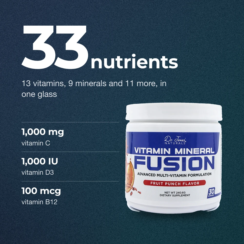 Per scoop: 33 nutrients, 13 vitamins, 9 minerals and 11 more, with 1,000 mg vitamin C, 1,000 IU vitamin D3 and 100 mcg vitamin B12